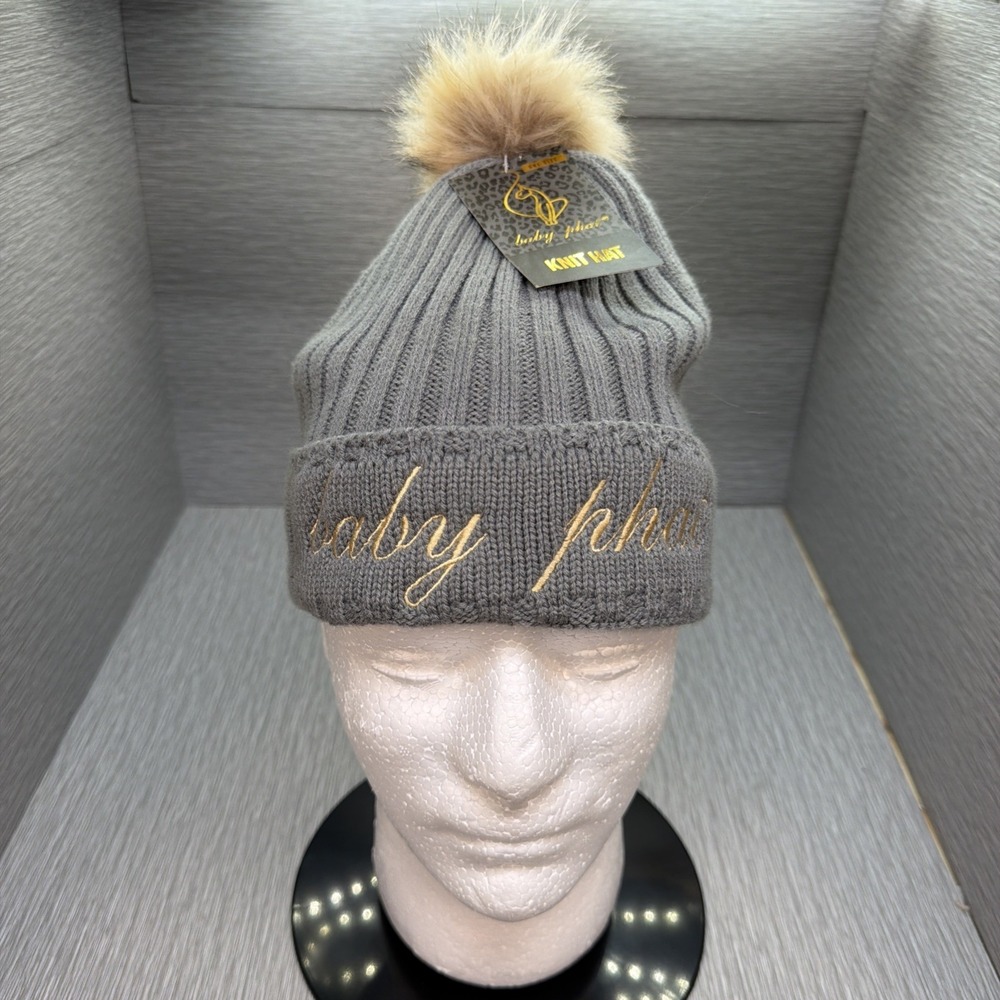 Baby Phat Beanie Knit Hat Grey Faux Fur Pom Y2K Streetwear One Size